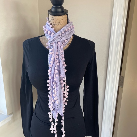 Lavender Crinkle Scarf with Lace Pom Poms on both sides. 67”x8” Pom to Pom. - Picture 2 of 2